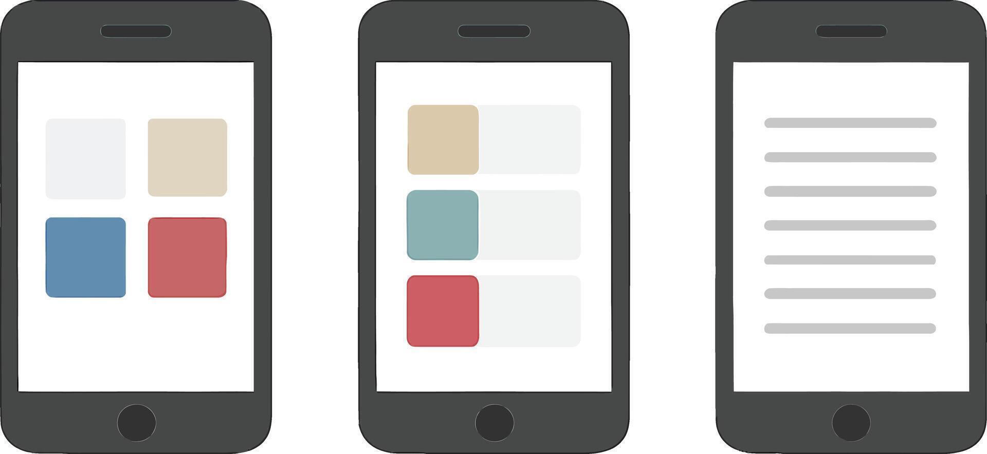 Three mobile phones displaying different app user interfaces and designs vector