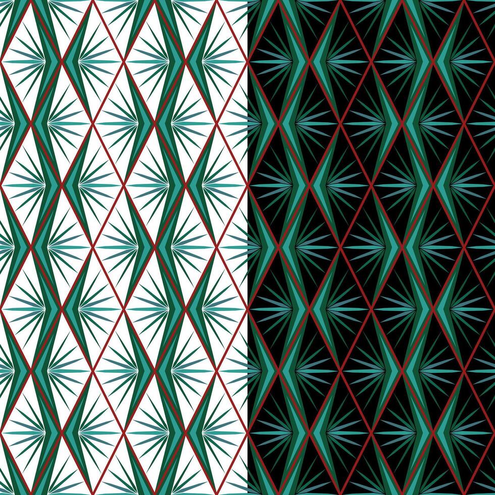 Unusual green red geometric seamless pattern. decorative vertical zigzag ornament of polygonal shapes. Offbeat creative abstract linear repeating design. Stylized tropical plant background vector