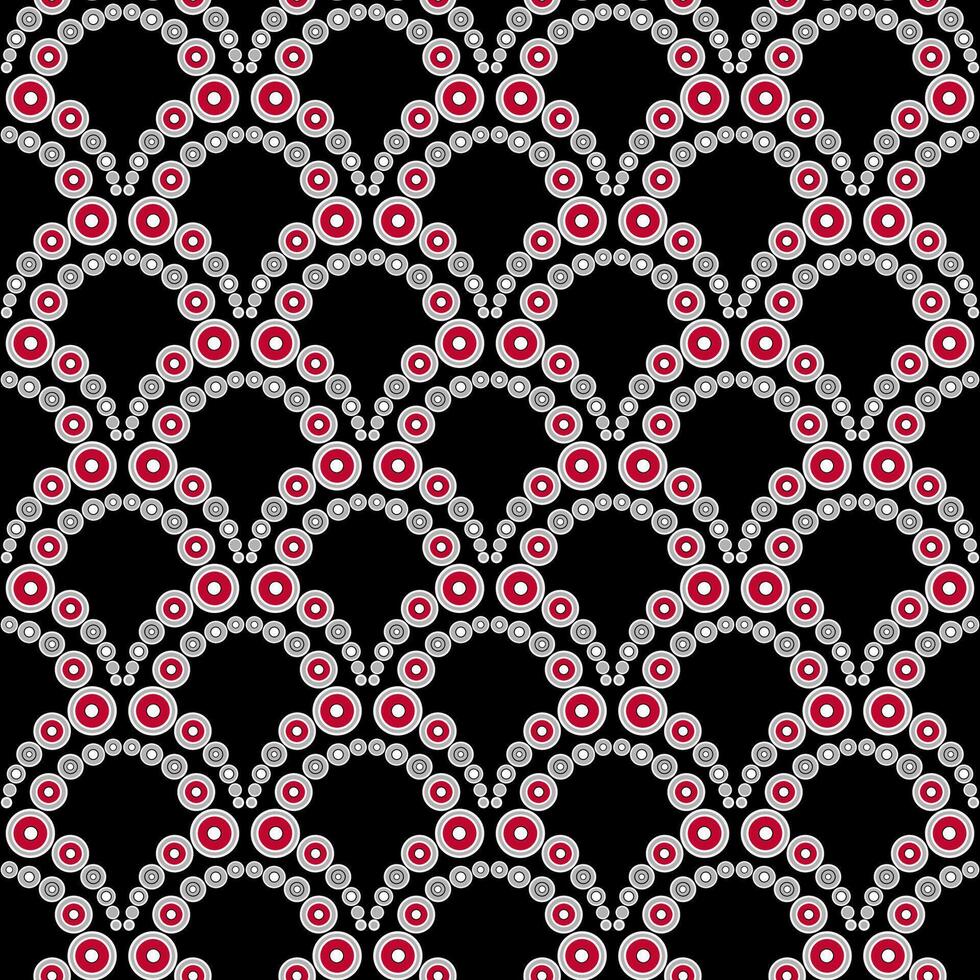 Seamless geometry pattern in vintage style. Complex repeat modern ornament of many circles. Red design on black background vector
