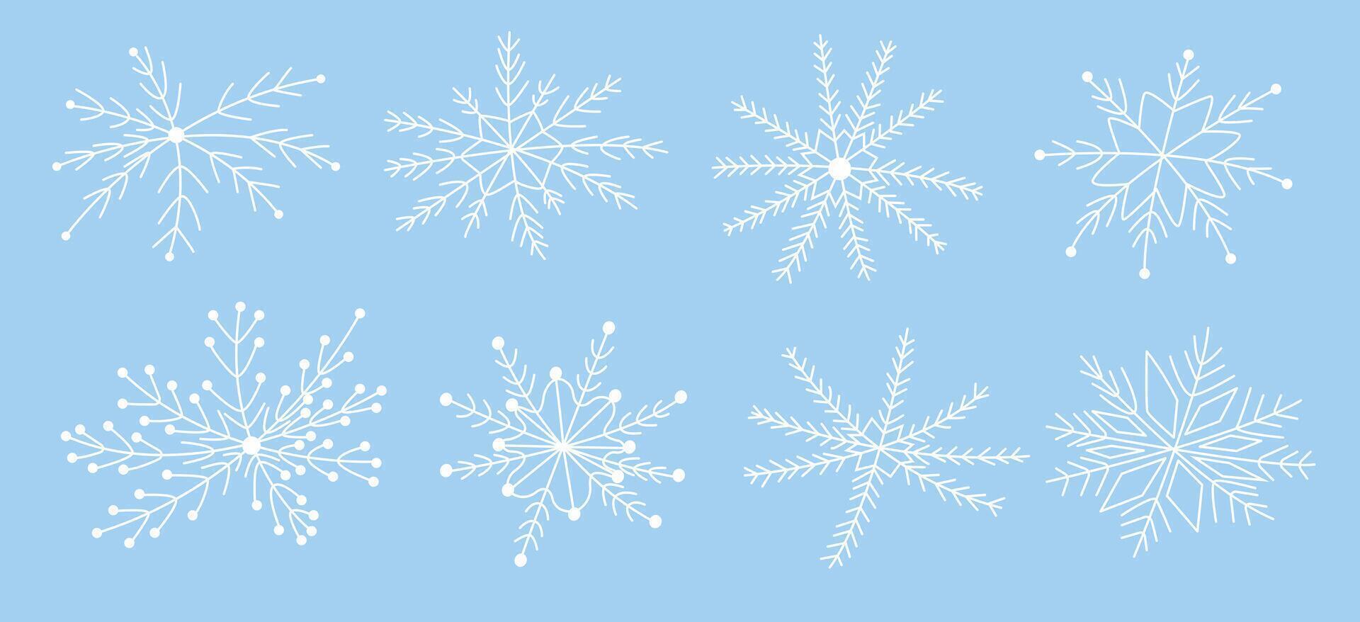 White snowflakes on a blue background in doodle style. Hand-drawn snowflake illustration. Festive frosty elements in a minimalist style. Snowflake icons, snow symbol. Snow vector