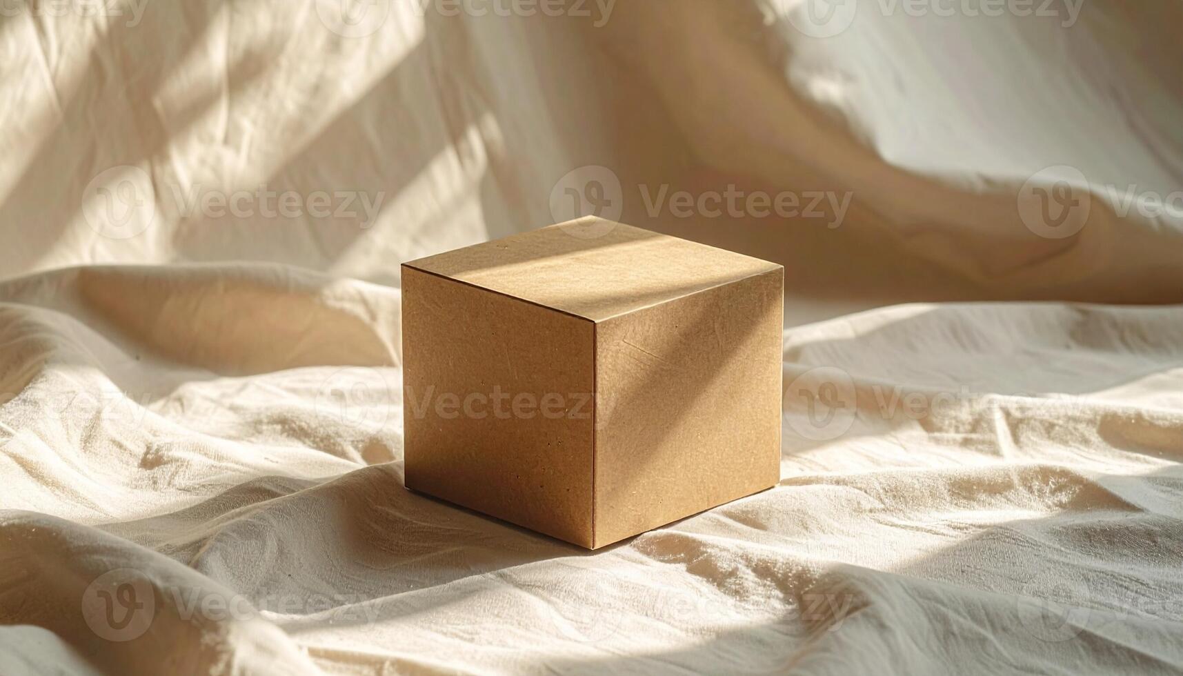 Minimalist Brown Cube on Textured Fabric with Warm Sunlight and Shadows. photo