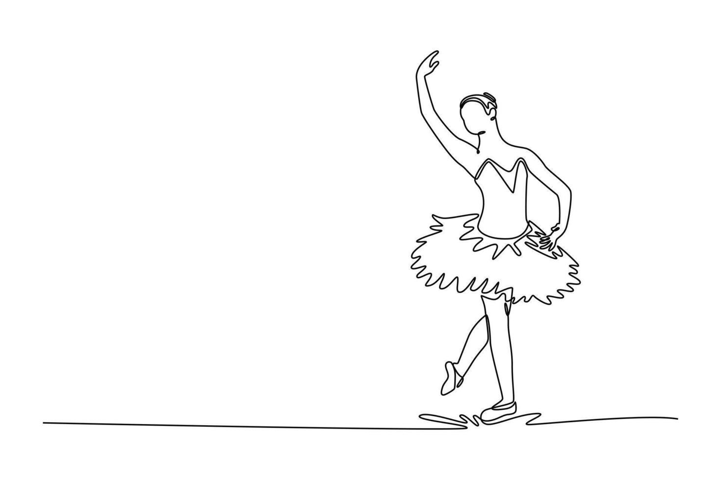 Continuous one line drawing ballerina balancing en pointe or demi-pointe with one leg raised and arm extended skyward, vertical elegance, control. Single line draw design graphic illustration vector