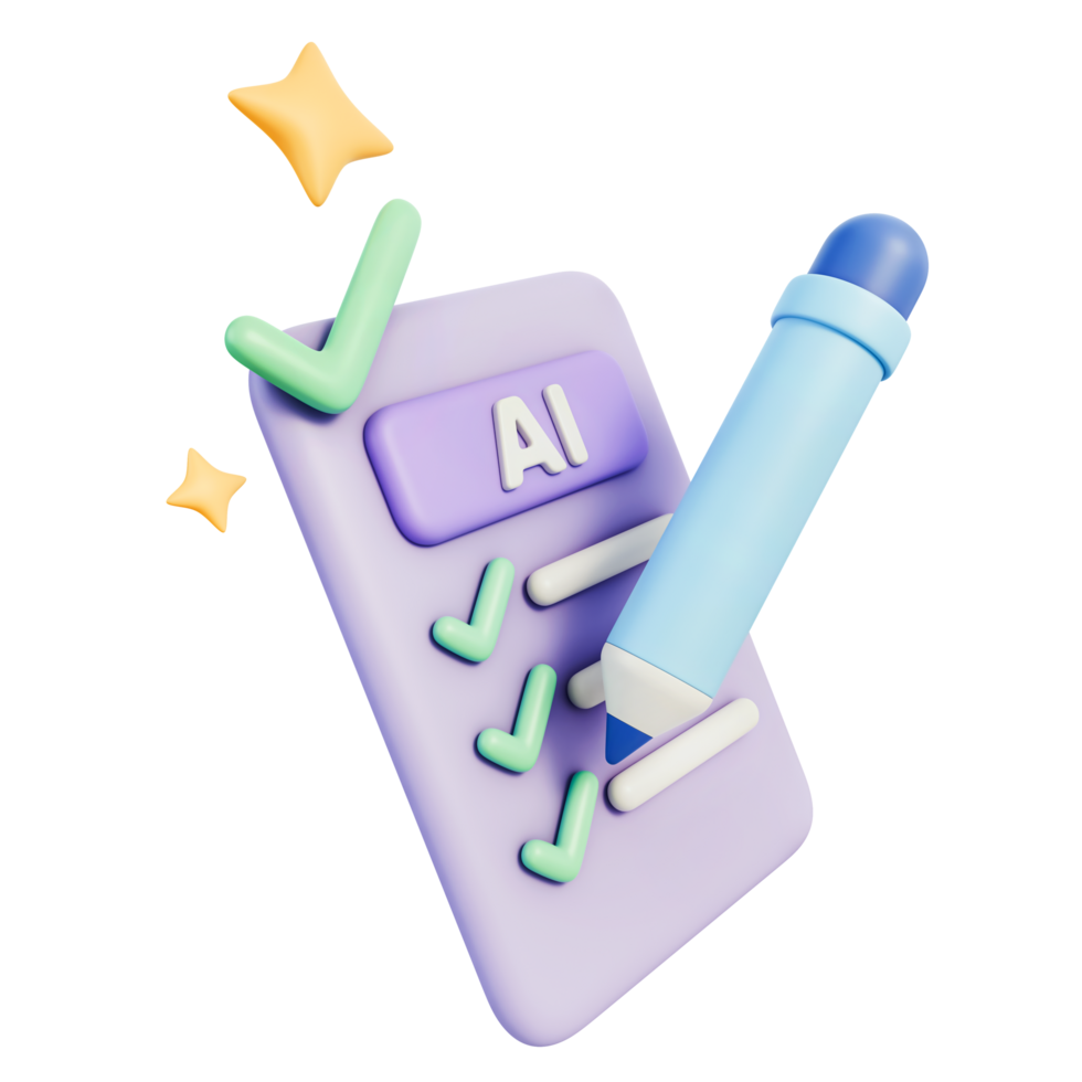 AI checklist card with checkmarks and pen for verification, validation, compliance audit and quality control, workflow document for task management, reporting, policy review, 3d illustration png