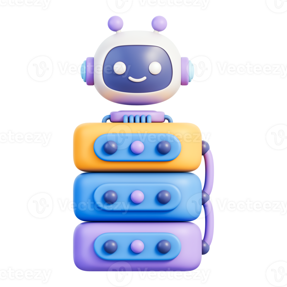 Robot server with microchip processor and secure database, encryption and firewall for cybersecurity, cloud data protection, monitoring and compliance, digital security, 3d illustration png