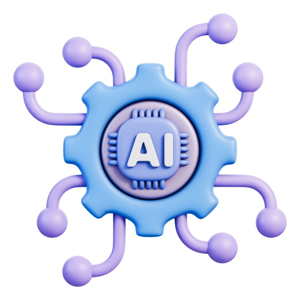 AI microchip gear with neural network nodes and circuit connections, symbol of machine learning automation, data processing, digital analytics and intelligent technology, 3d illustration png