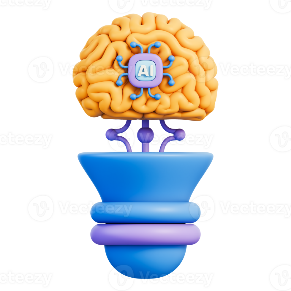 Light bulb idea with AI brain and microchip, neural network nodes and circuit for innovation, machine learning and deep learning model, data analytics research, technology, 3d illustration png