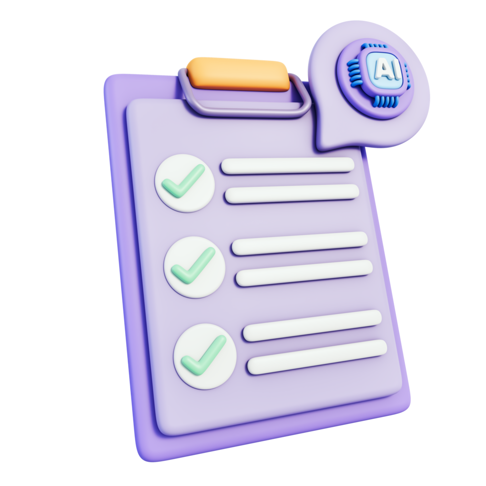 Clipboard checklist with checkmarks and AI bubble for audit, verification, validation, compliance and quality control, workflow for tasks, reporting, policy, procedure, 3d illustration png
