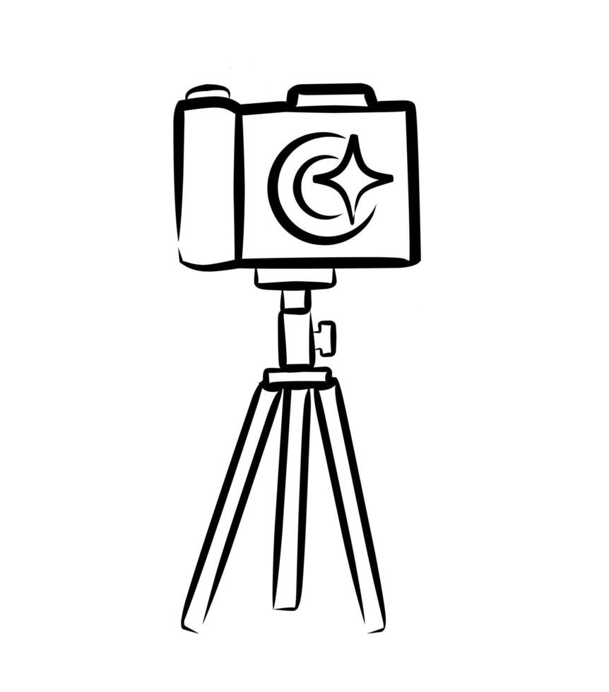 Minimalist line art camera on tripod illustration in sketch style representing photography, content creation, and visual art equipment for modern media projects. vector