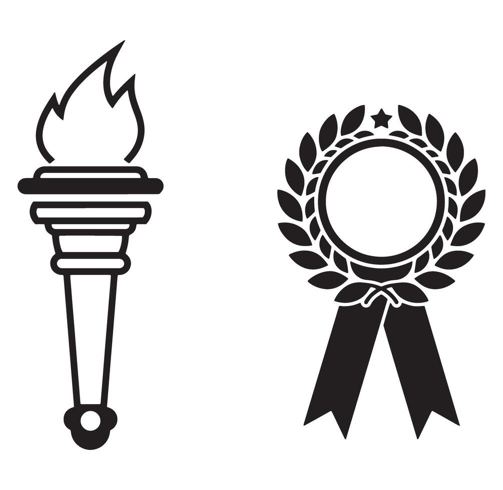 Black and white illustration of a torch and a laurel wreath badge on white background vector
