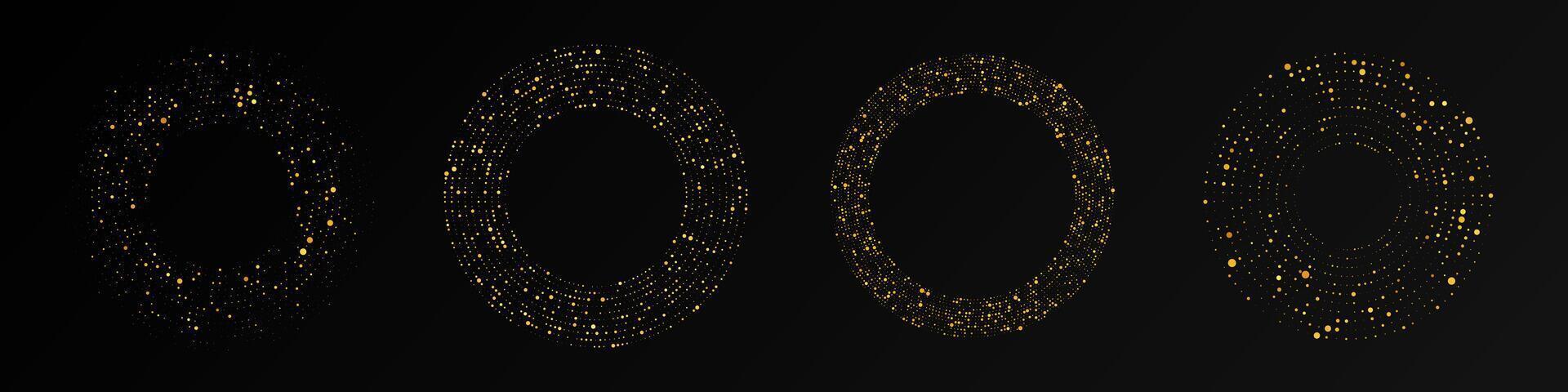 Abstract gold glowing halftone dotted background. Set of four gold glitter patterns in circle form. Circle halftone dots. Perfect illustration vector