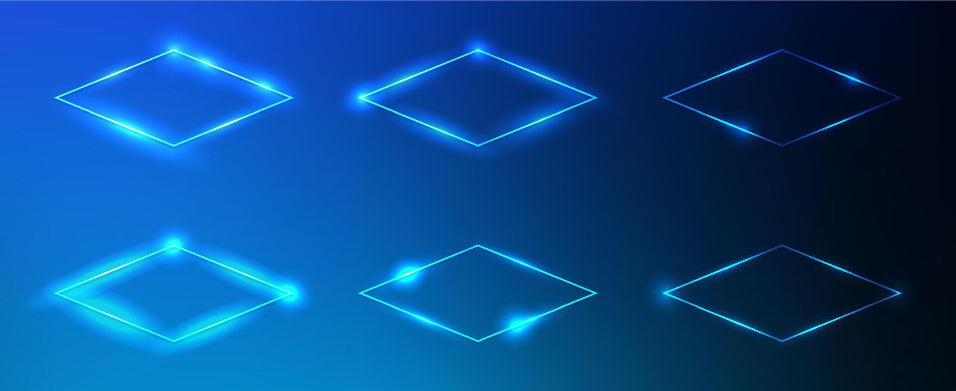 Set of six neon rhombus frames with shining effects and sparkles on dark blue background. Empty glowing techno backdrop. illustration vector