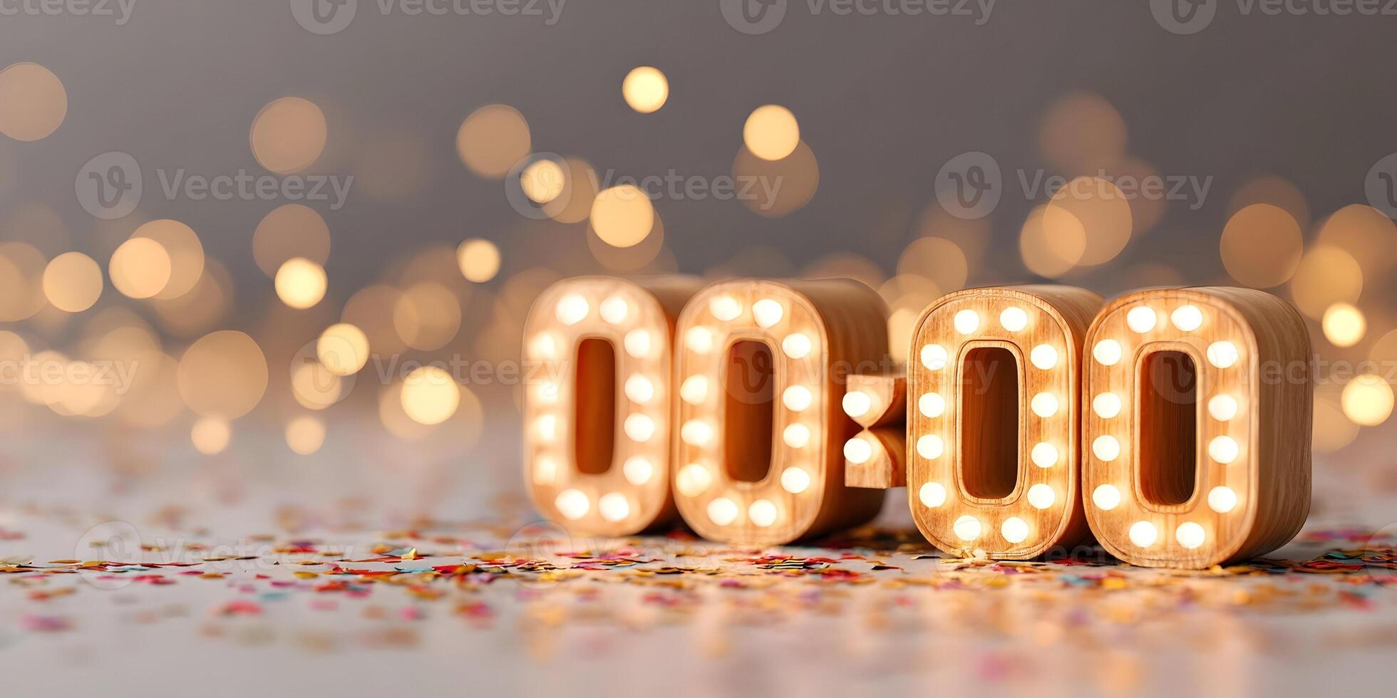 Wooden light up numbers display zero zero zero zero surrounded by colorful confetti and bokeh lights photo