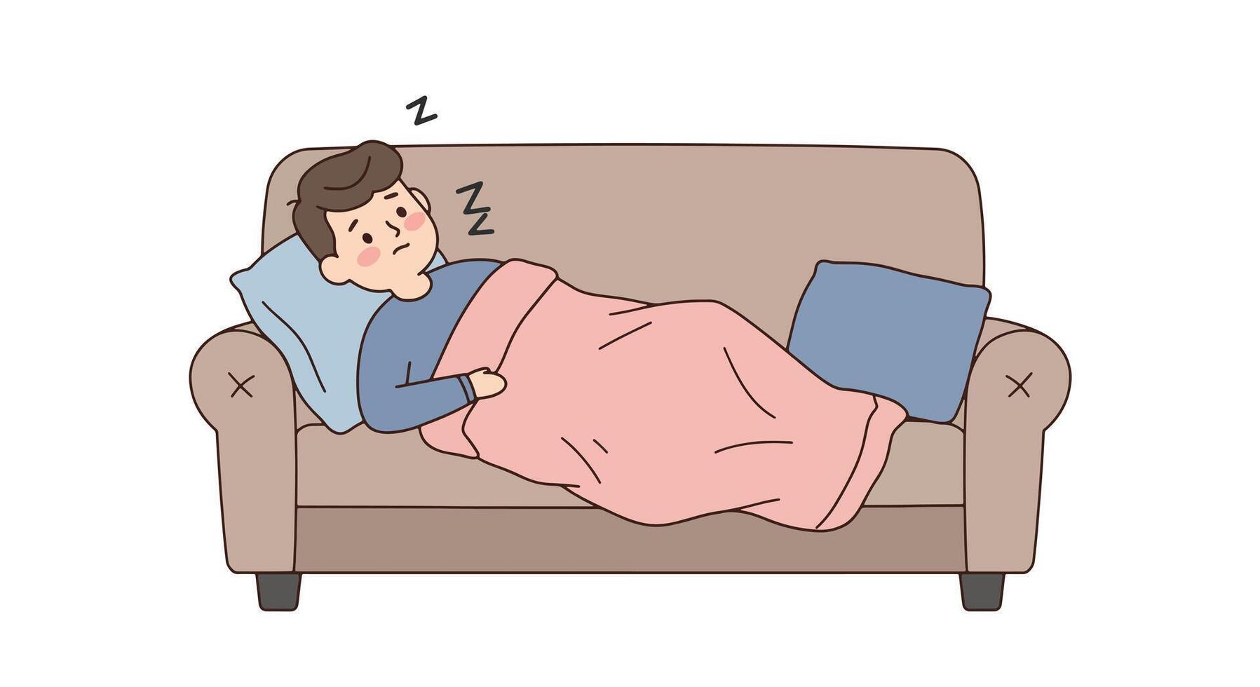 Tired Man Resting on Sofa with Blanket vector