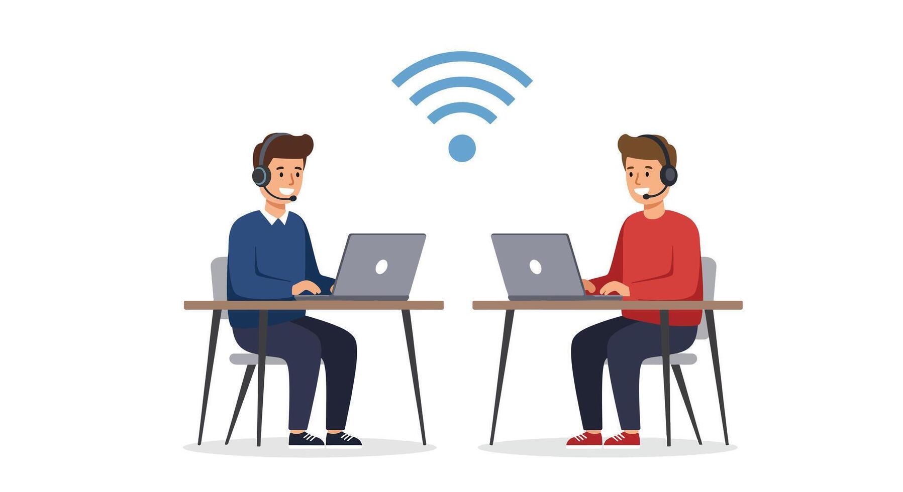 Two people working on laptops with WiFi connection. vector