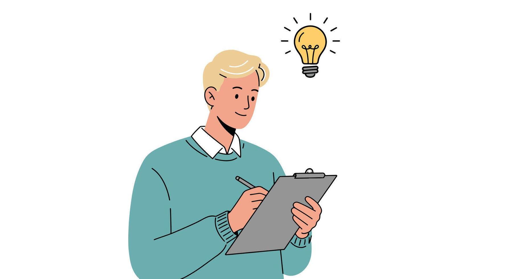Man Writing with Lightbulb Idea Symbol. vector