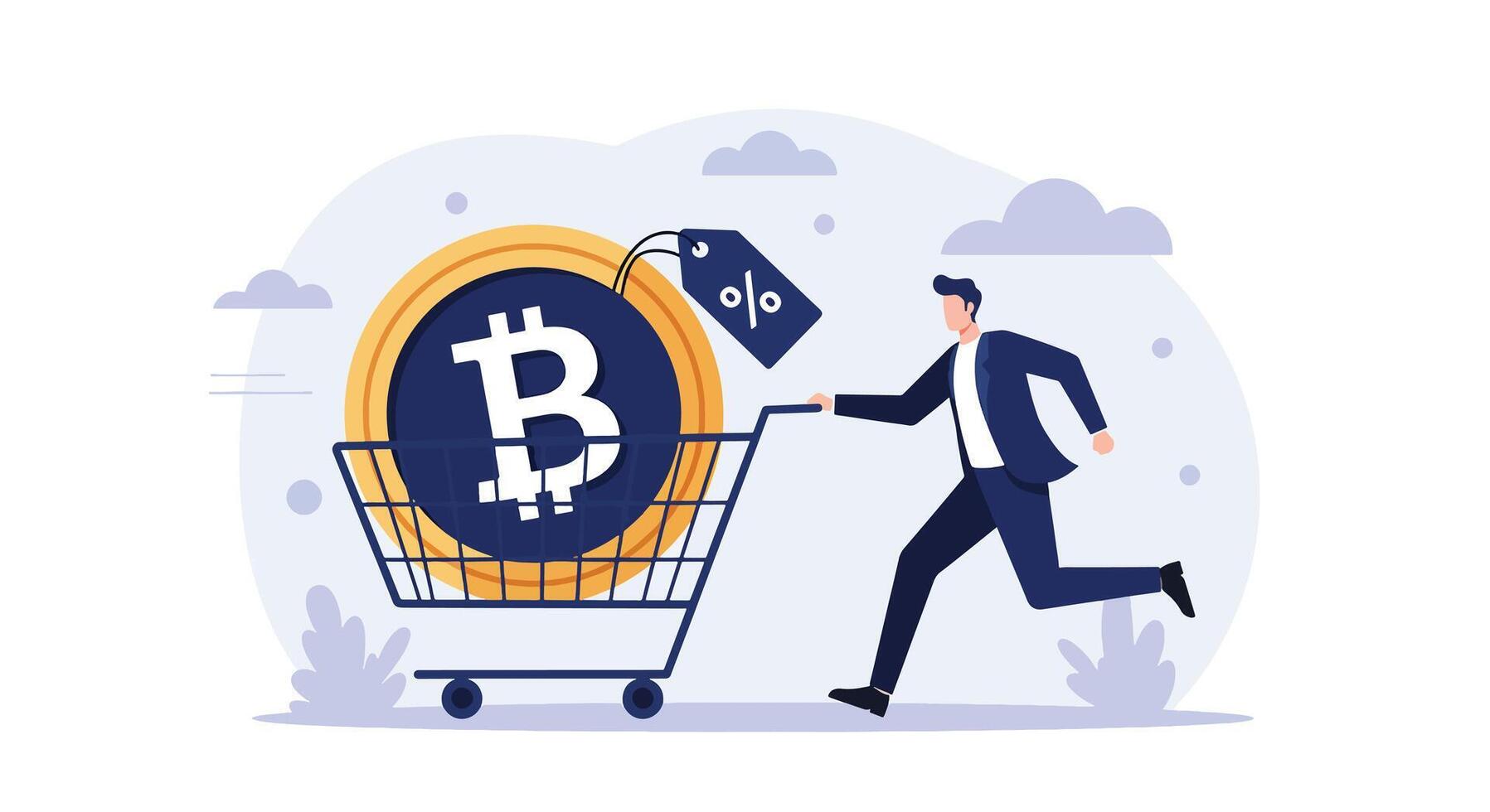Man Pushing Shopping Cart with Bitcoin and Discount Tag. vector