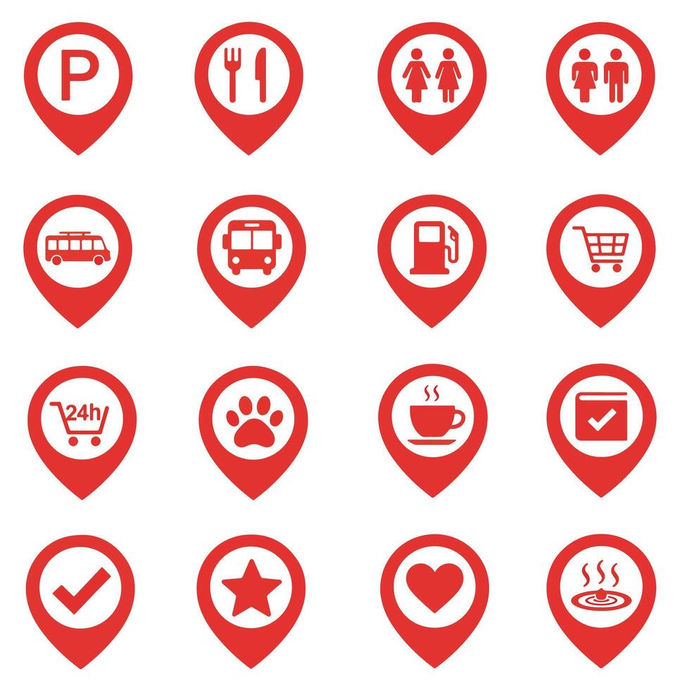 Red Location Pin Icons for Navigation and Services. vector