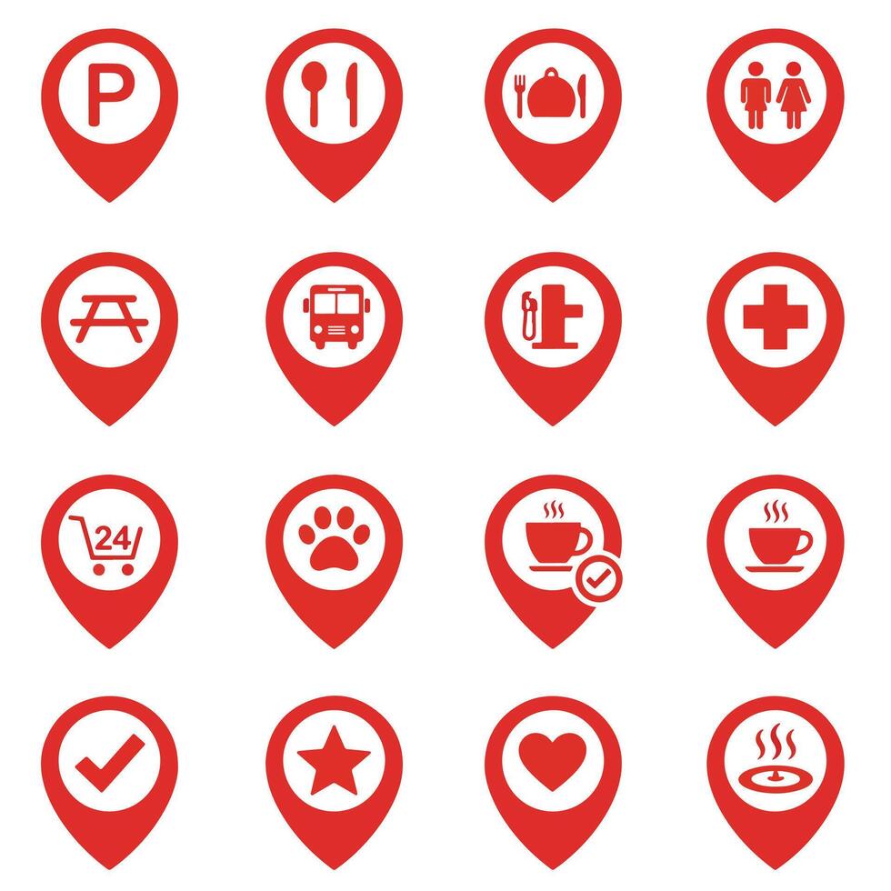 Red Location Pin Icons Set for Navigation and Services. vector