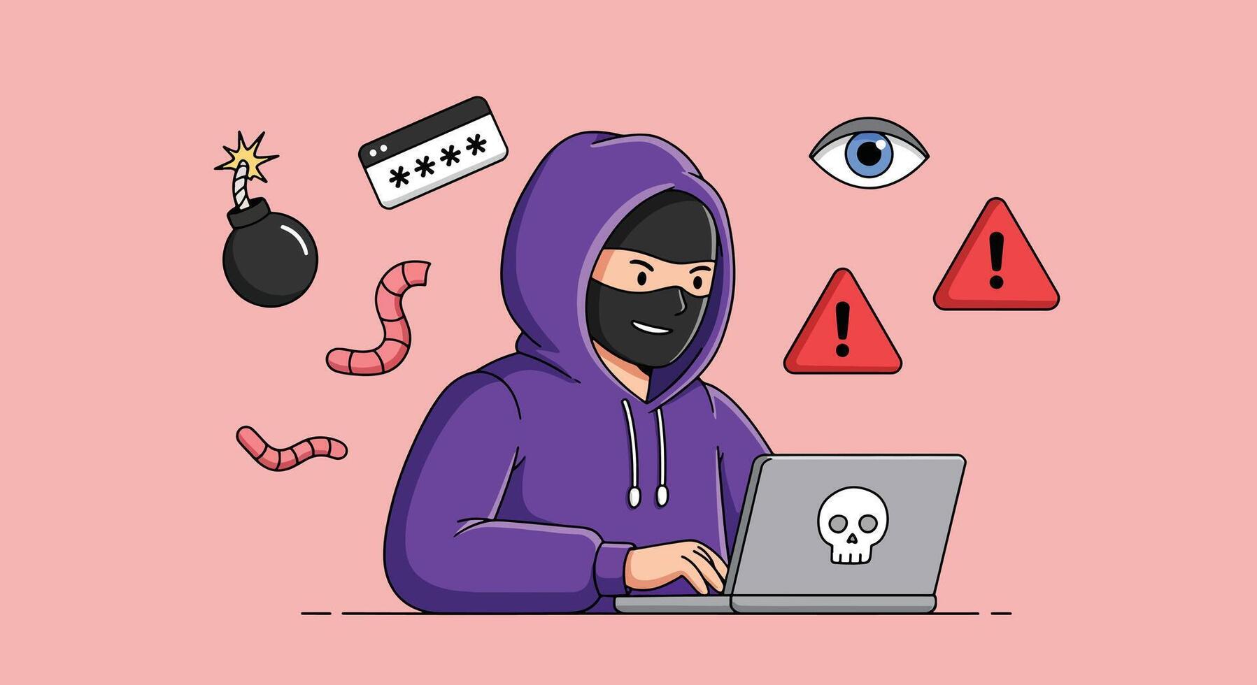 Anonymous hooded hacker committing a cybercrime on a laptop. vector