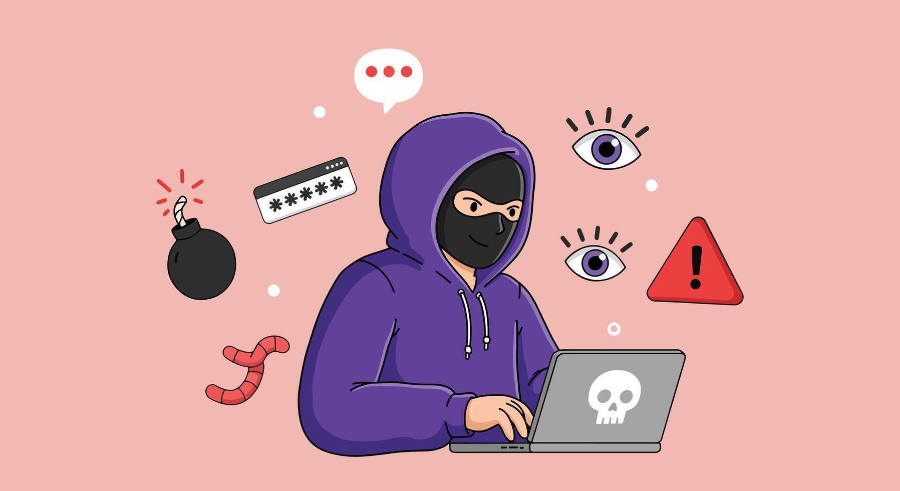 Cyber security threat concept with an anonymous hooded hacker using a laptop for cybercrime. vector