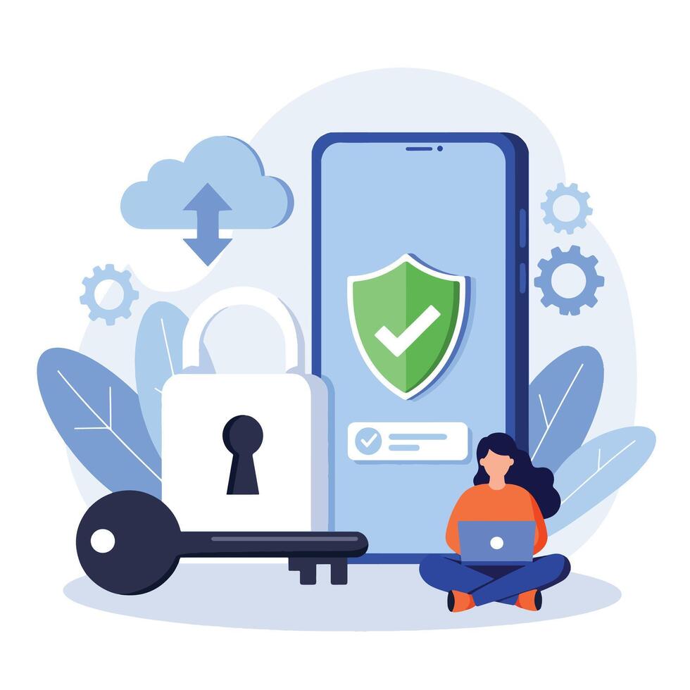 Cybersecurity concept with secure mobile data protection and cloud access. vector