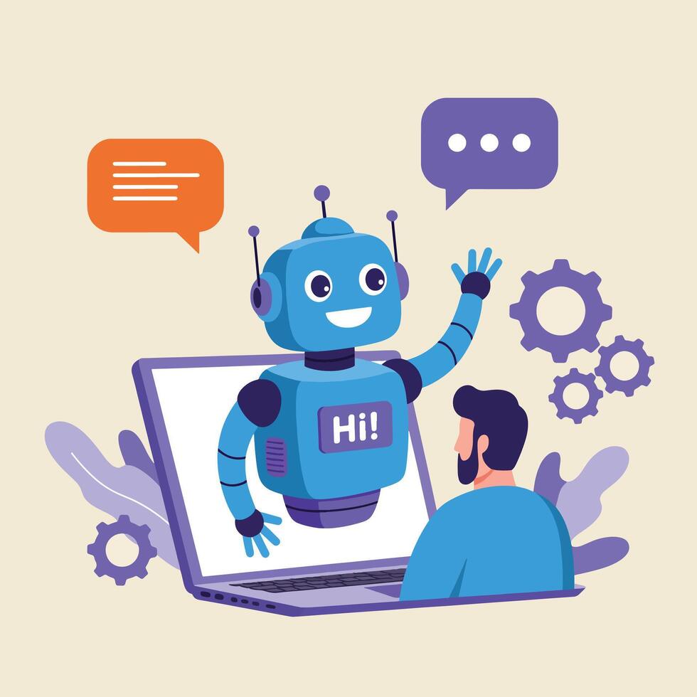 Friendly AI chatbot robot assisting a user on a laptop. vector