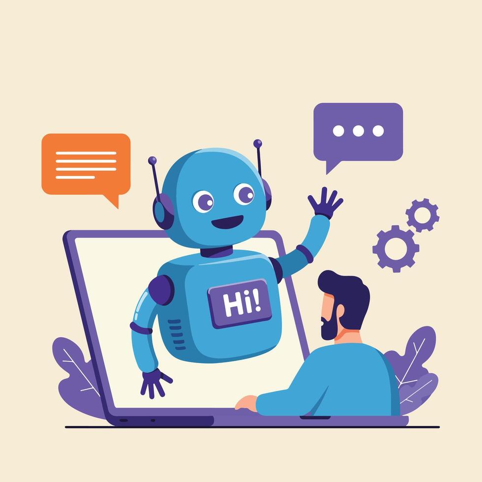 Friendly Robot Assistant Interacting with Human User. vector