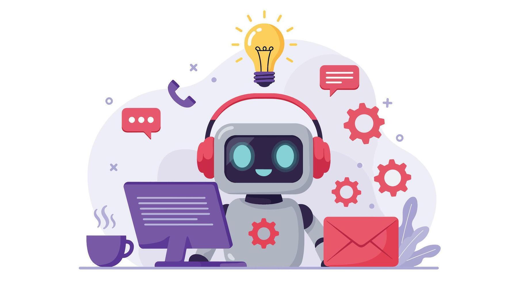 simpático robot asistente con auriculares y computadora. vector