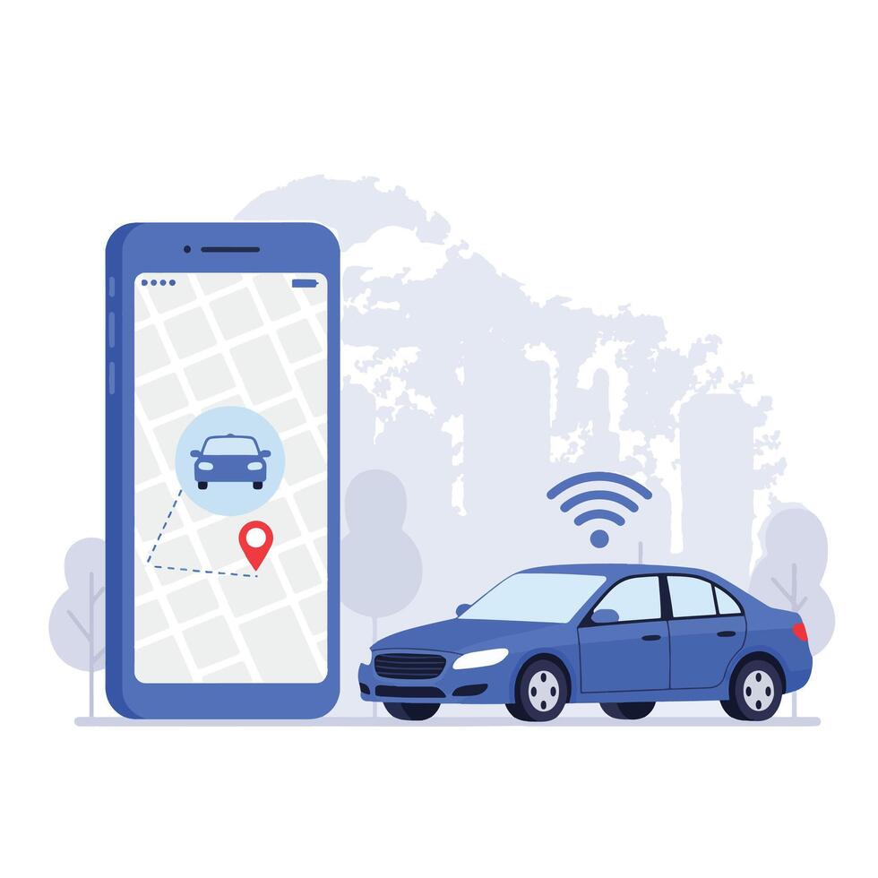 Mobile app tracking blue car with GPS navigation and smart technology. vector