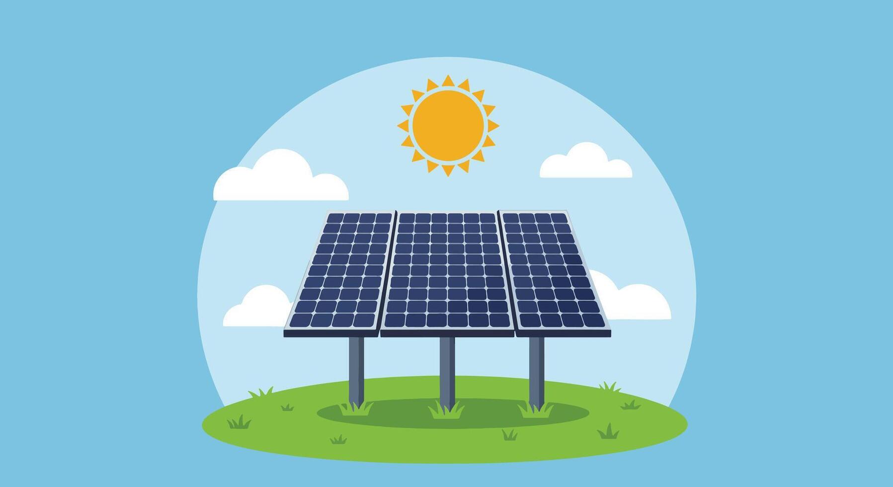 Solar Panel Array on Green Field with Sun and Clouds Illustration. vector