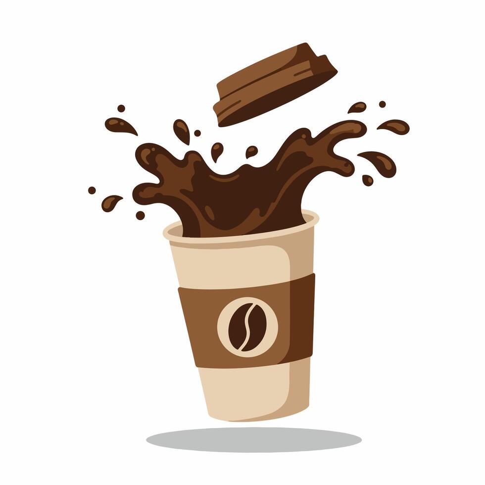 A piece of chocolate dropping into a paper coffee cup creating a big splash. vector