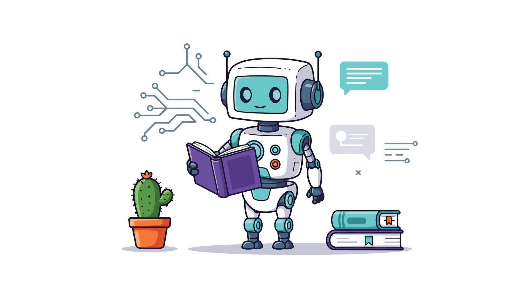 adorable dibujos animados robot leyendo un libro con circuitos y charla burbujas vector