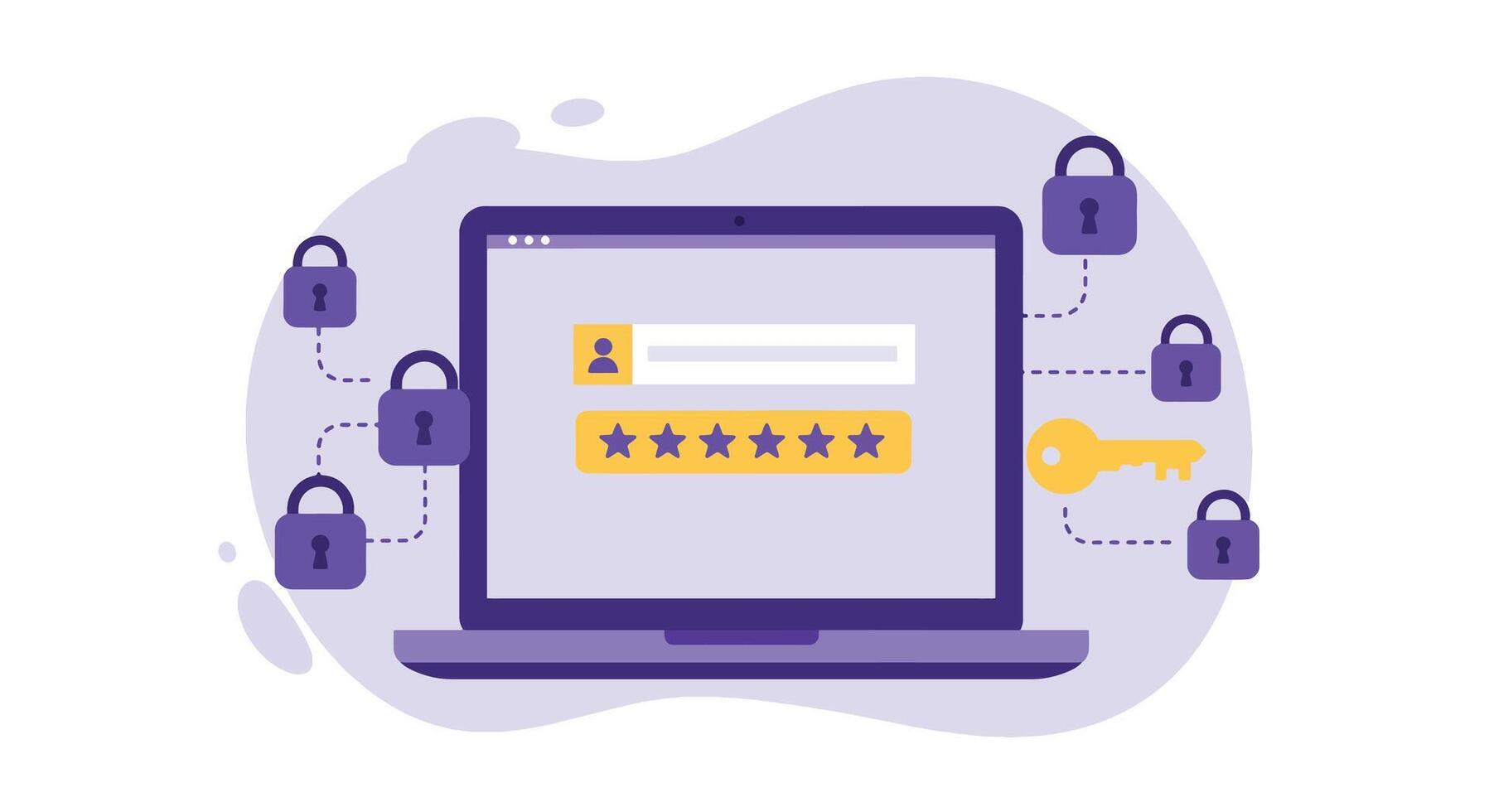 Laptop screen displaying login credentials with surrounding security locks and key. vector