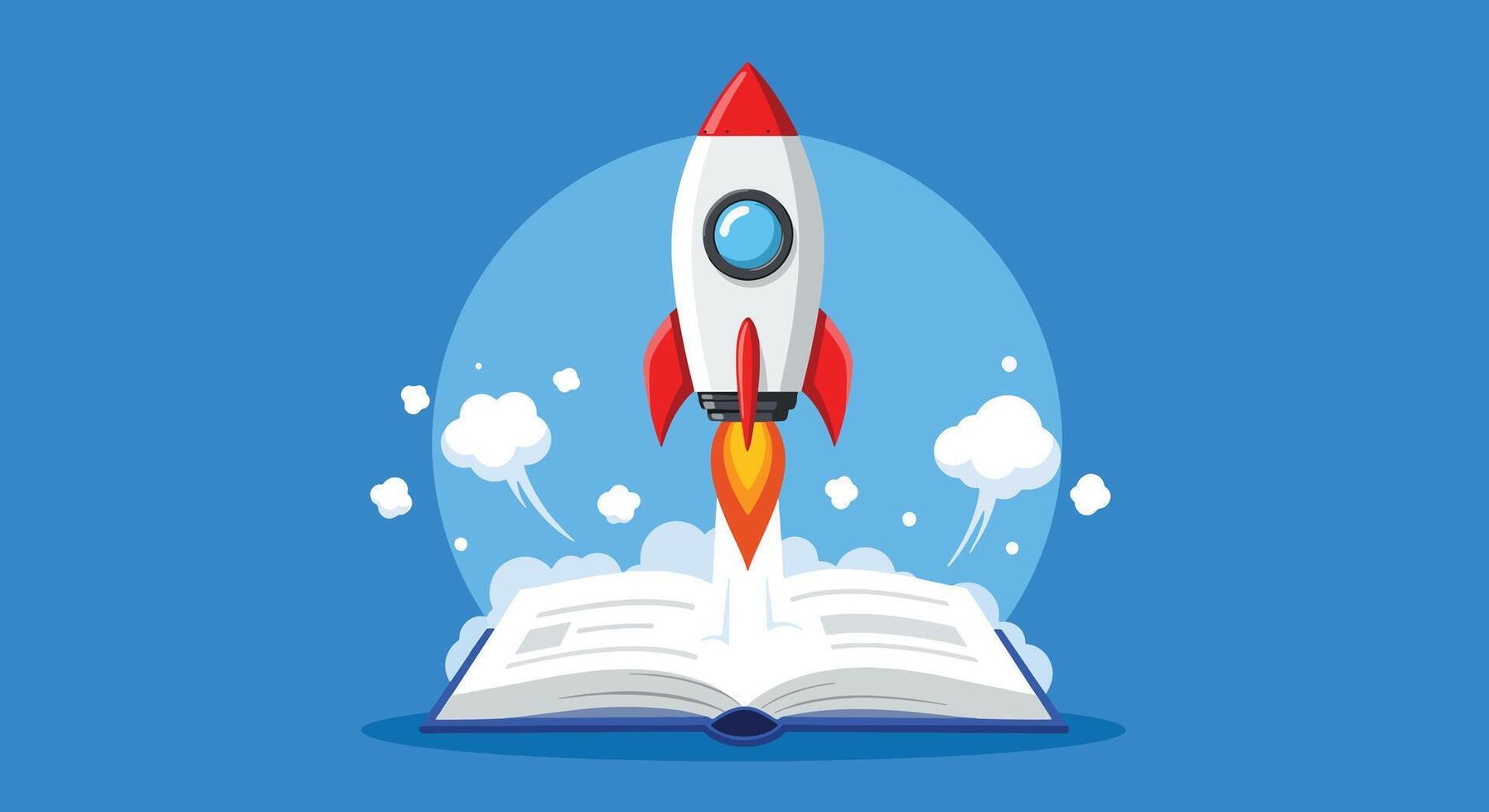 Rocket Launching from Open Book Symbolizing Knowledge and Innovation. vector
