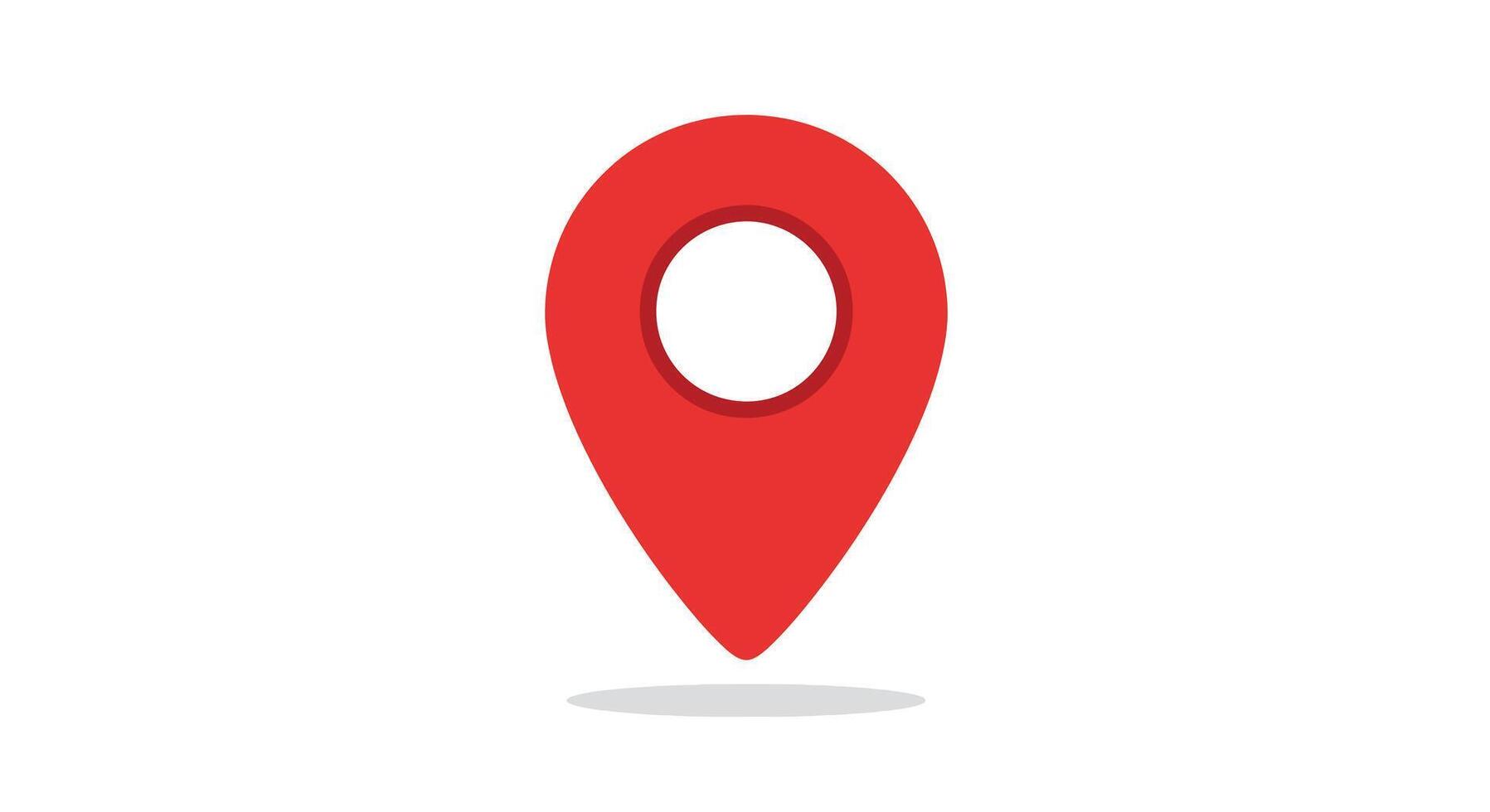 Red location pin icon with white circle center and shadow. vector