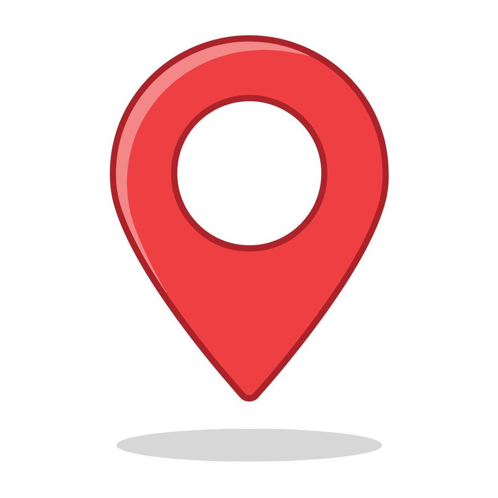 Red location pin icon with a white circle inside casting a shadow. vector