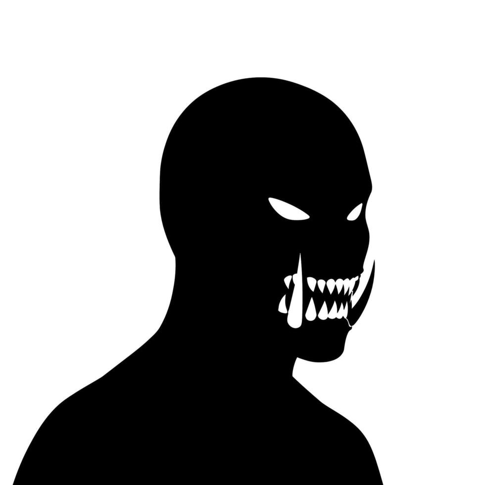 Silhouette of a menacing monster with glowing eyes and sharp fangs. vector