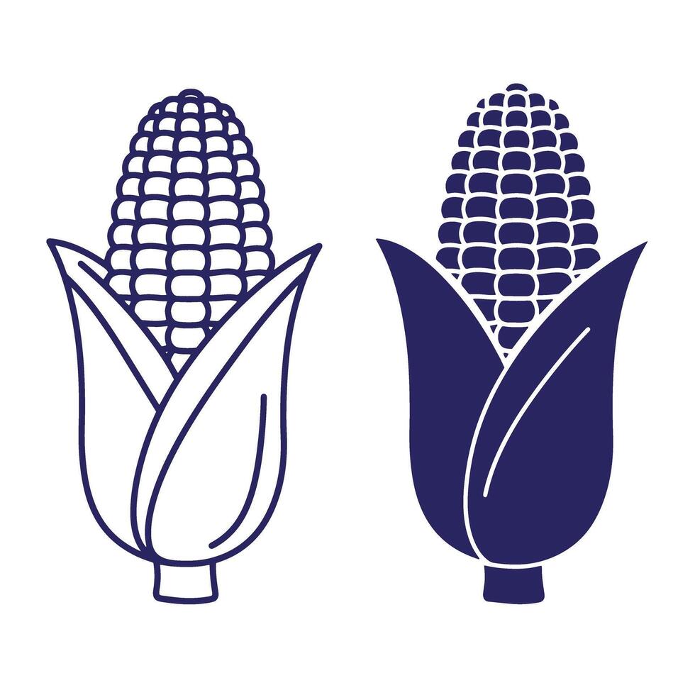 Simple outline illustrations of corn on the cob in two distinct monochrome styles vector