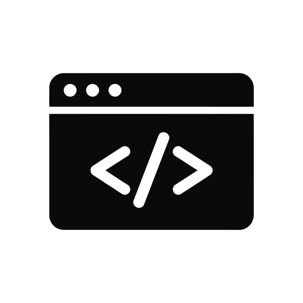 Black Icon of Code in Browser Window with White Background, Coding Symbol vector