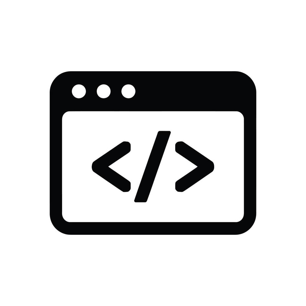 Code Window Icon Black HTML Symbol on White Background, Software Development vector