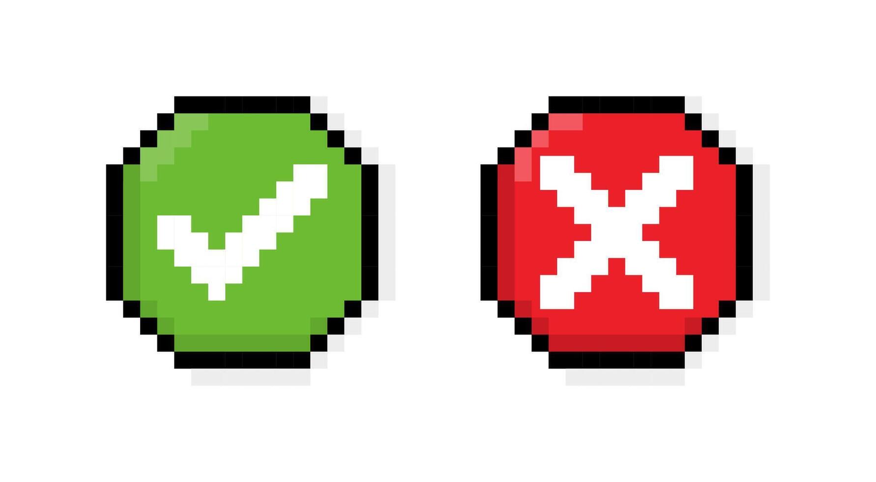 Retro pixel art green check and red cross icons for design projects vector