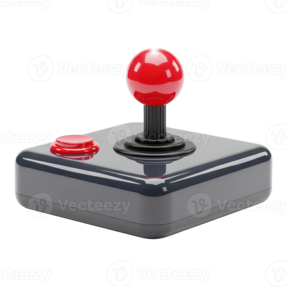 Isolated on transparent background, retro arcade joystick with red ball and button png