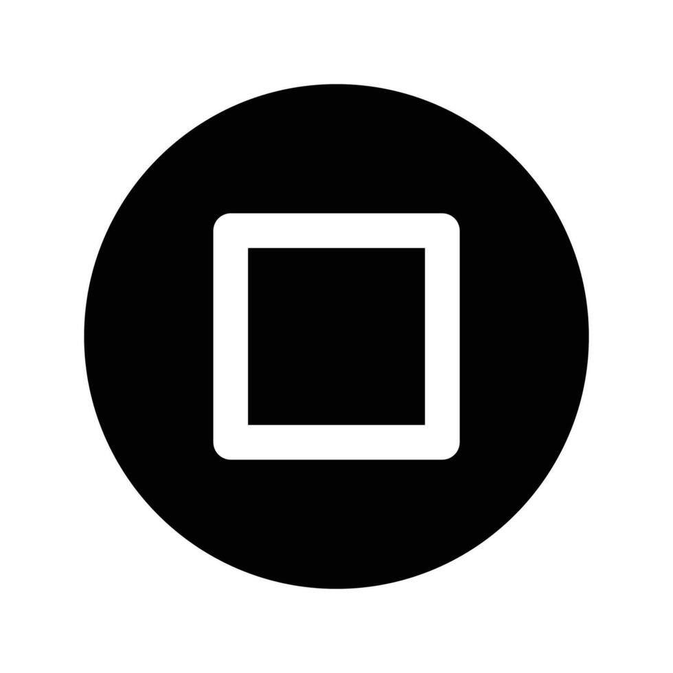 Stop button icon, Black circle containing a white square in the center, resembling a stop button icon. vector