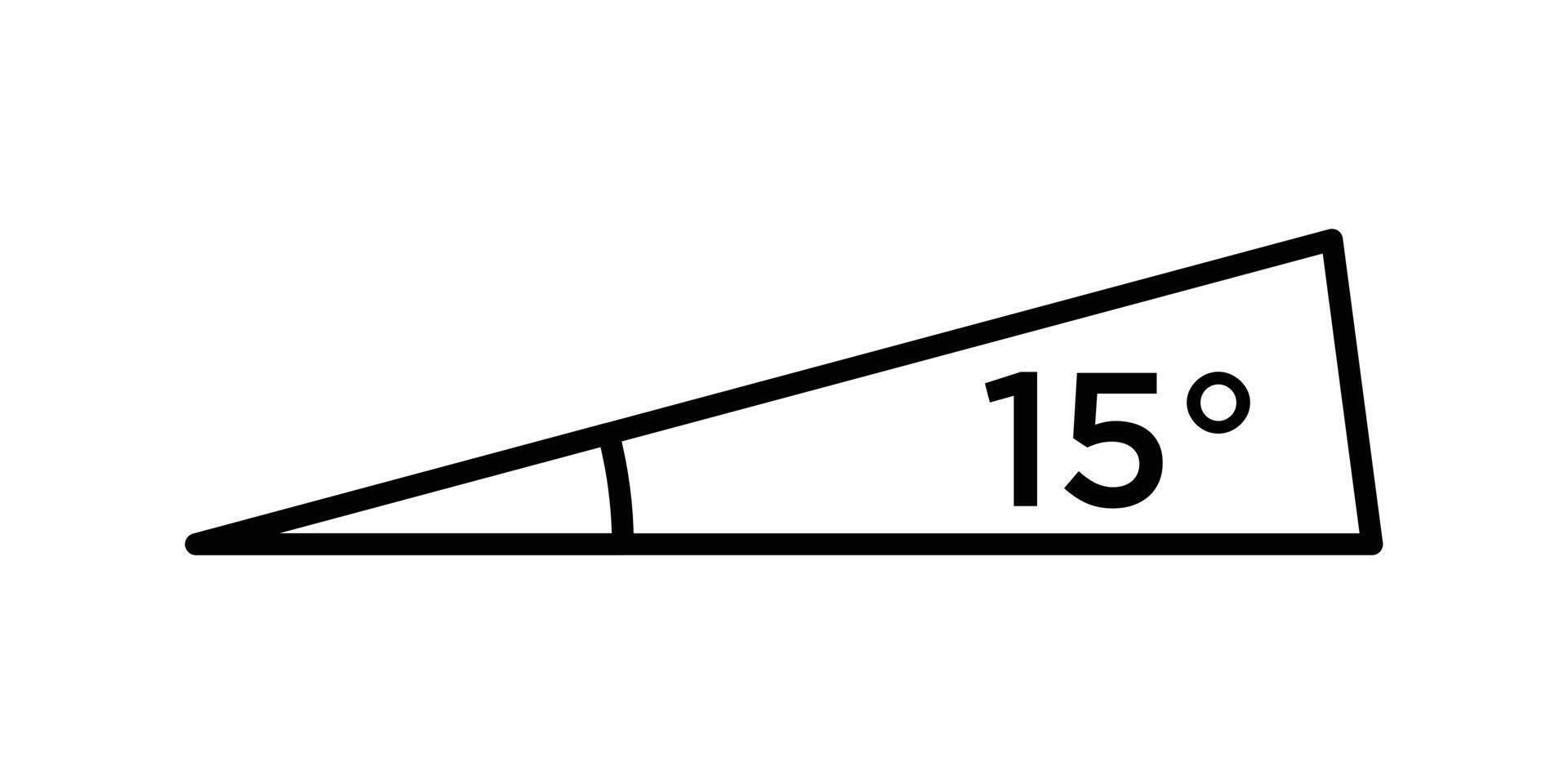 15 degree angle icon in triangle, A right-angled triangle icon displays a horizontal base. vector