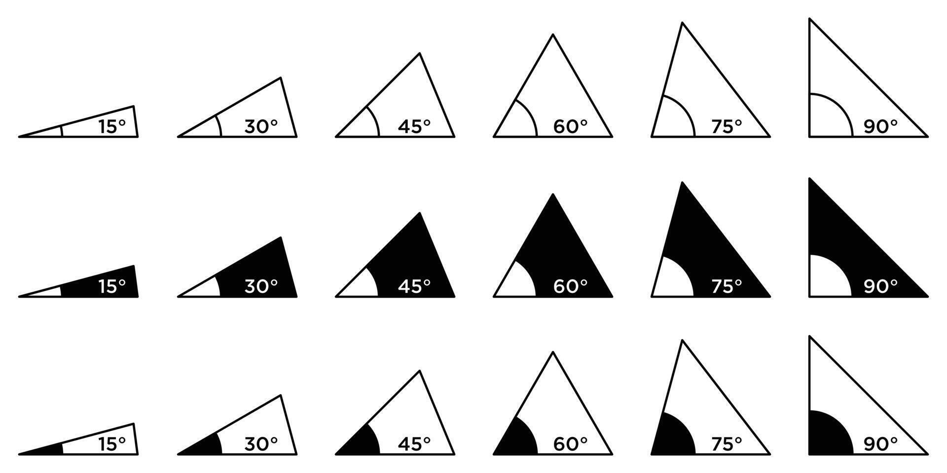 Various acute angles in triangle corners ranging from 15 to 90 degrees, The triangles vary in size and orientation, but each clearly labels the angle being demonstrated. vector