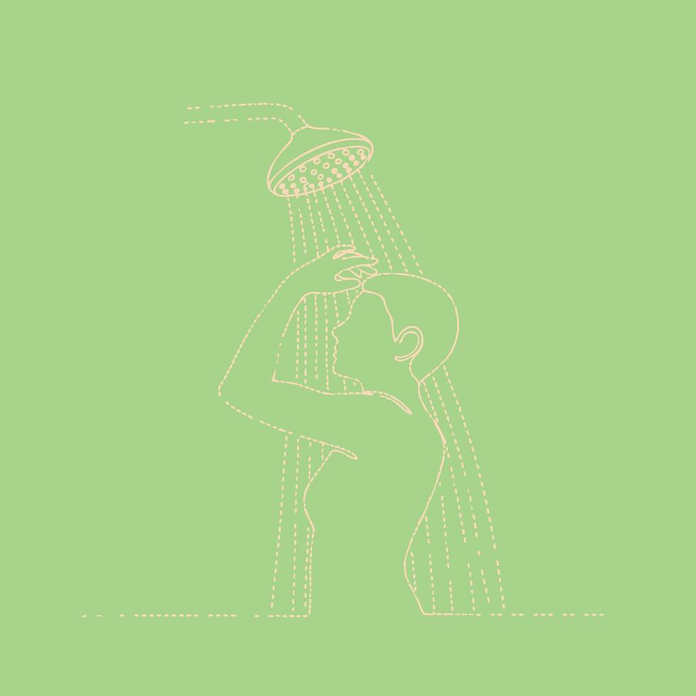 Child enjoying a refreshing shower under a modern overhead showerhead with water streaming down in a bright bathroom setting vector