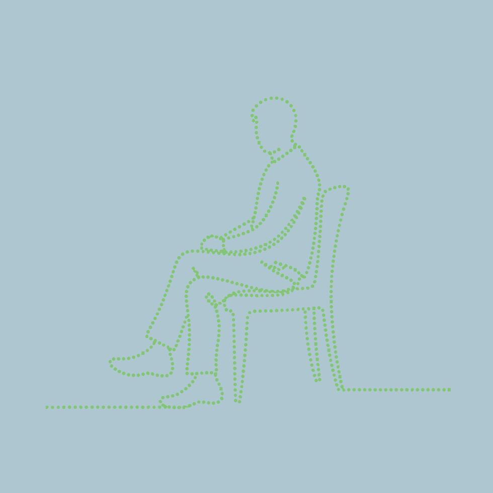 Minimalist outline of a person sitting on a chair with legs crossed and hands resting on lap, depicted in dotted line style against a plain vector