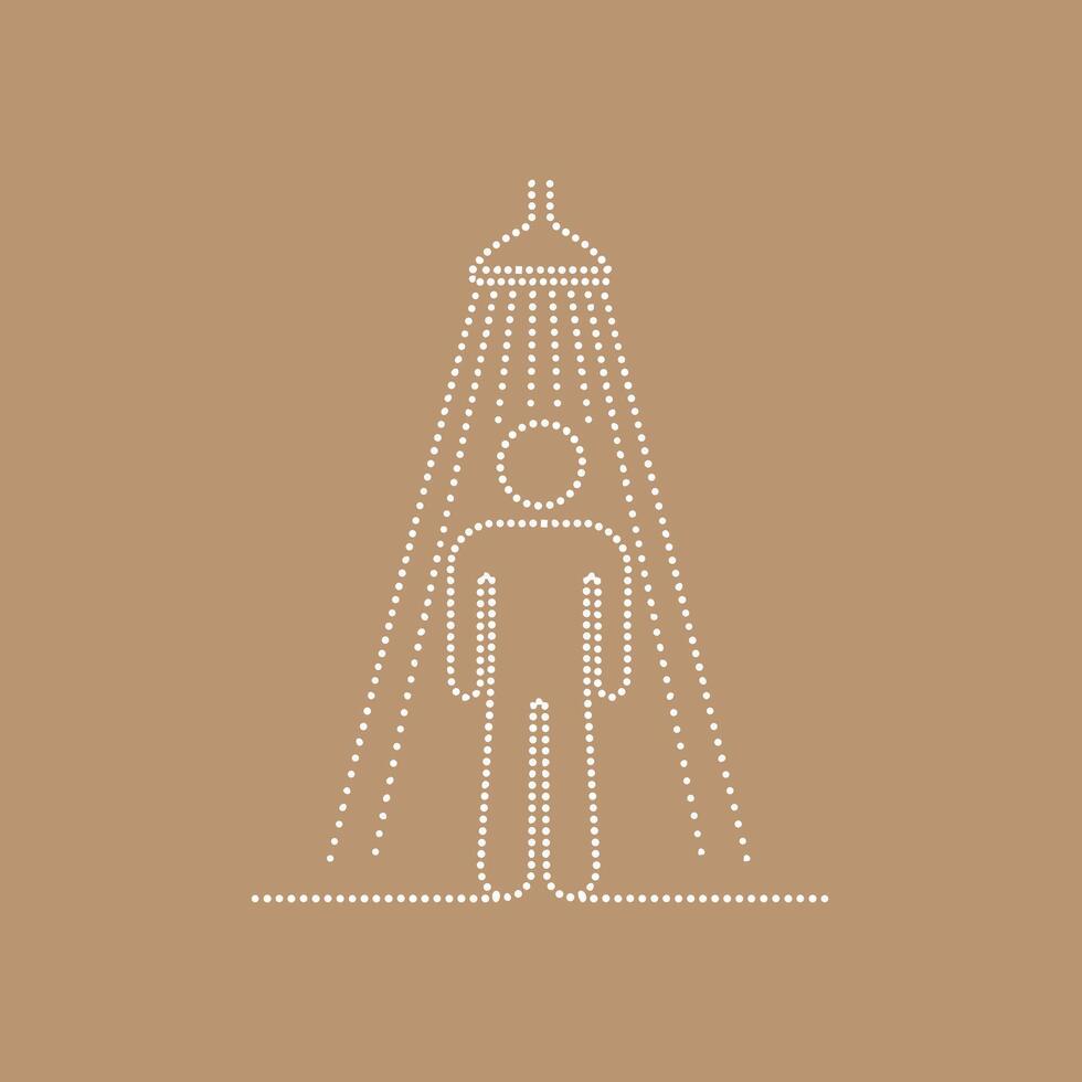 Minimalist figure standing under a large, cone-shaped structure with dotted lines on a neutral vector