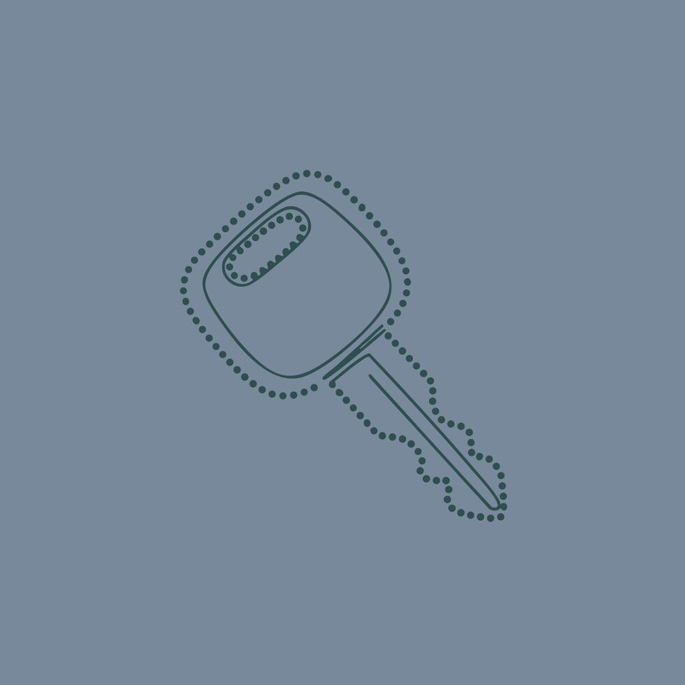Minimalist outline of a car key with a rectangular head and a long, narrow blade on a muted vector