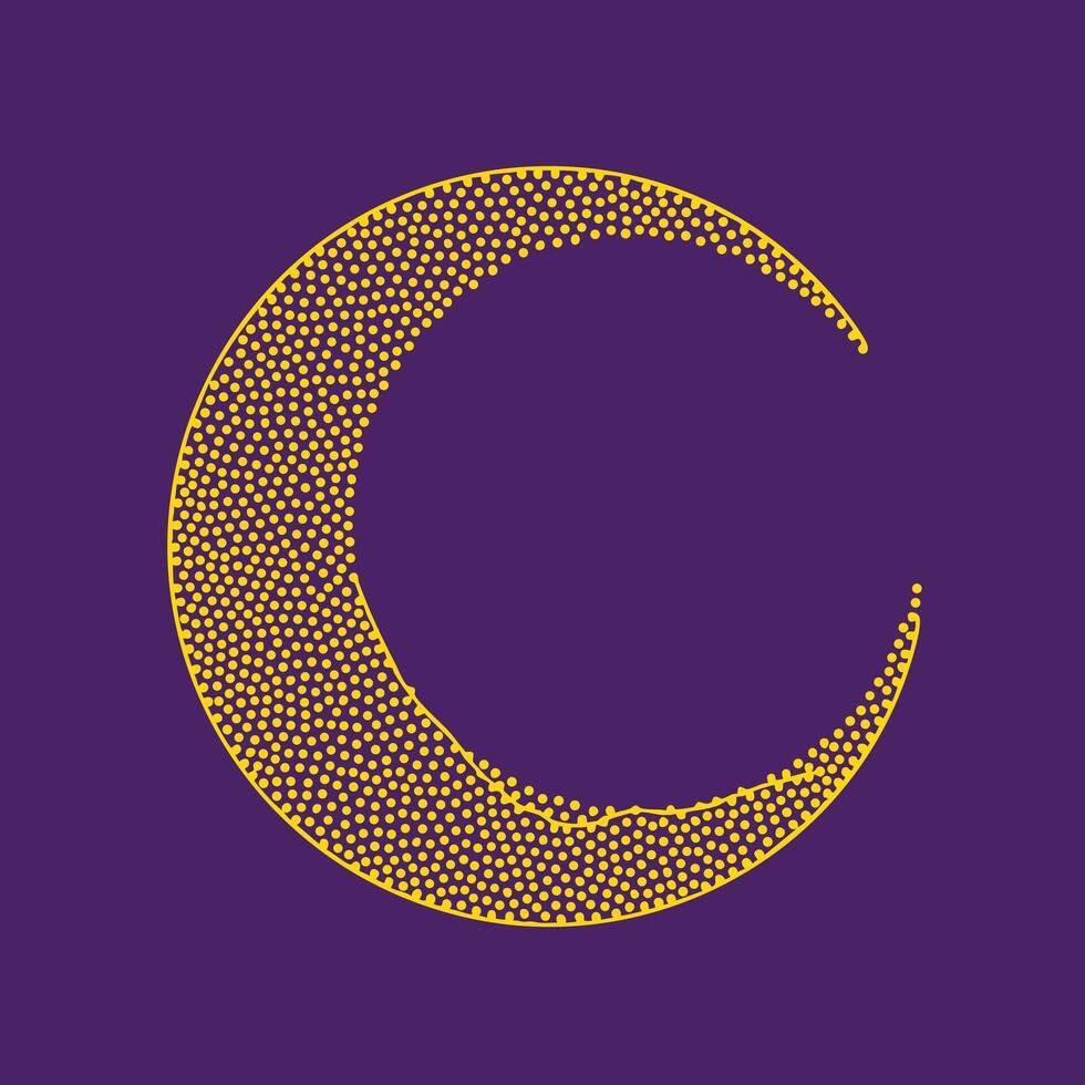 Stylized crescent moon composed of small yellow dots on a deep purple , creating a modern and abstract celestial design vector